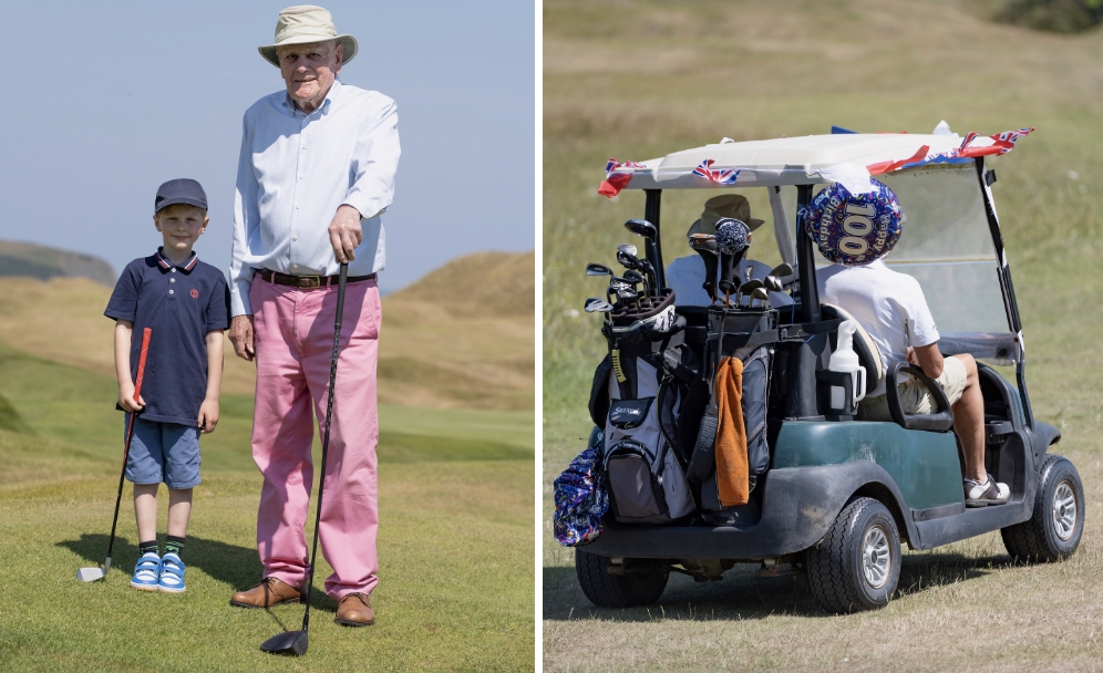 Derek Kingsbury with six-year-old Louis Westlake on his 100 birthday at St Enodoc, where he rode in a buggy specially decorated for the occasion