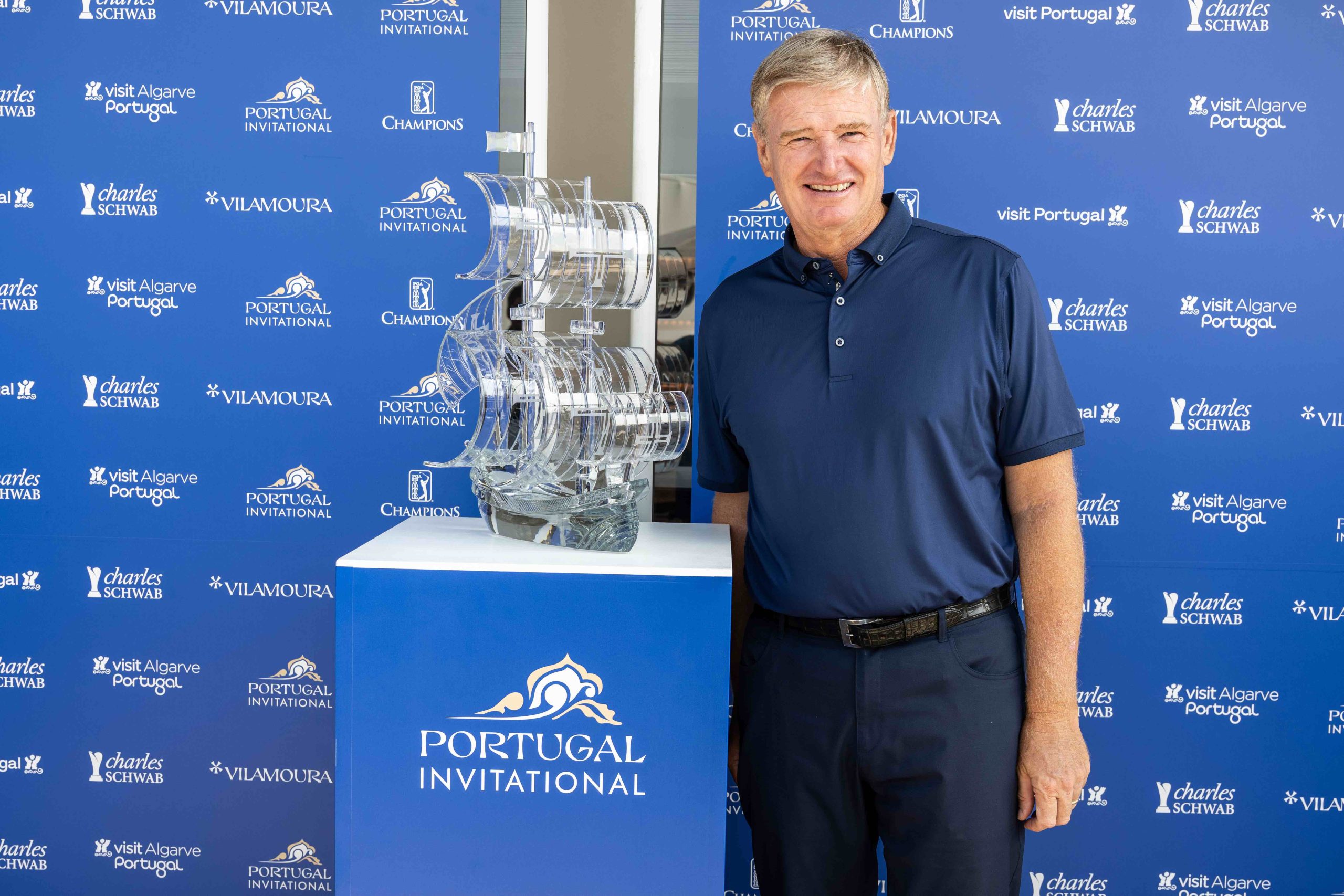 Ernie Els poses with the trophy for the Portugal Invitational at The Els Club Vilamoura in Portugal, which is the first PGA TOUR Champions event held in Europe (Photo by Nuno Fortinho Mendes and João Costa Ferreira / Freak)
