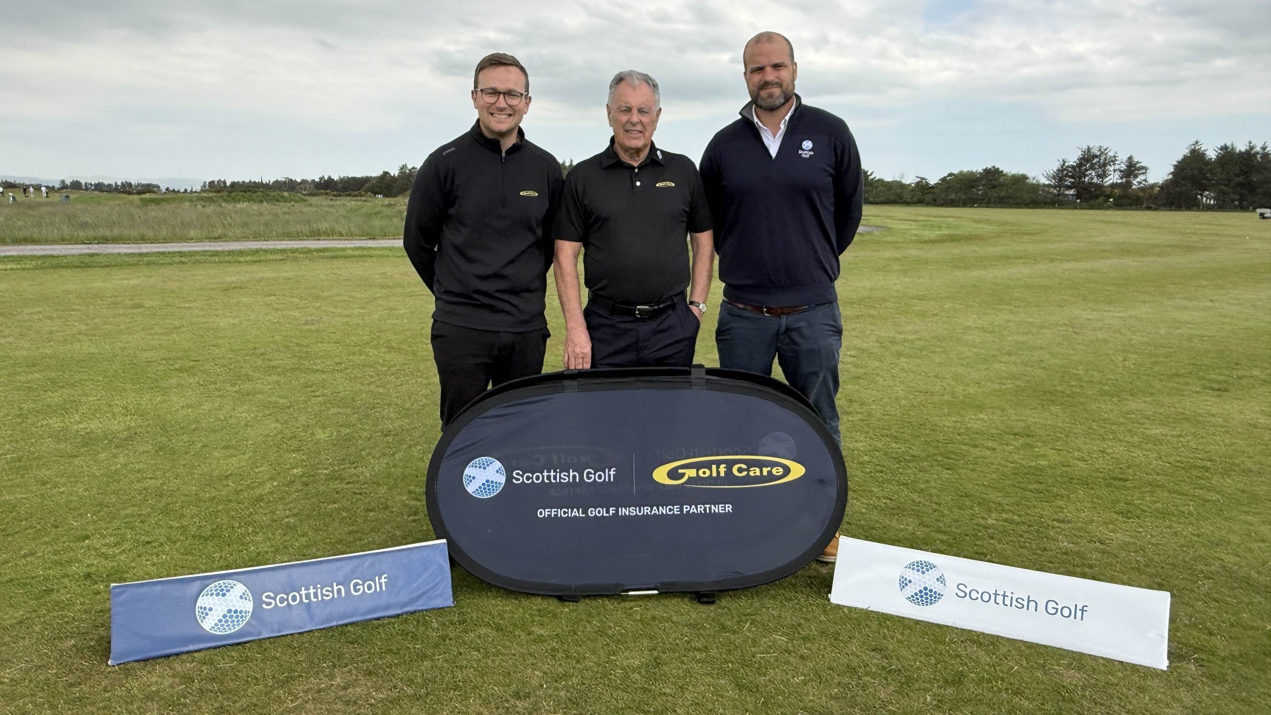 (l-r) Chris Hopkins, Head of Partnerships at Golf Care; Bernard Gallacher, former Ryder Cup Captain and Golf Care Ambassador; and Hector Tulloch, Head of Commercial Partnerships, Scottish Golf