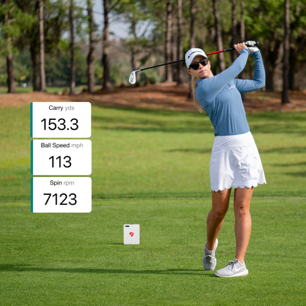 Jodi Ewart Shadoff using Flightscope's MEVO Gen2 launch monitor