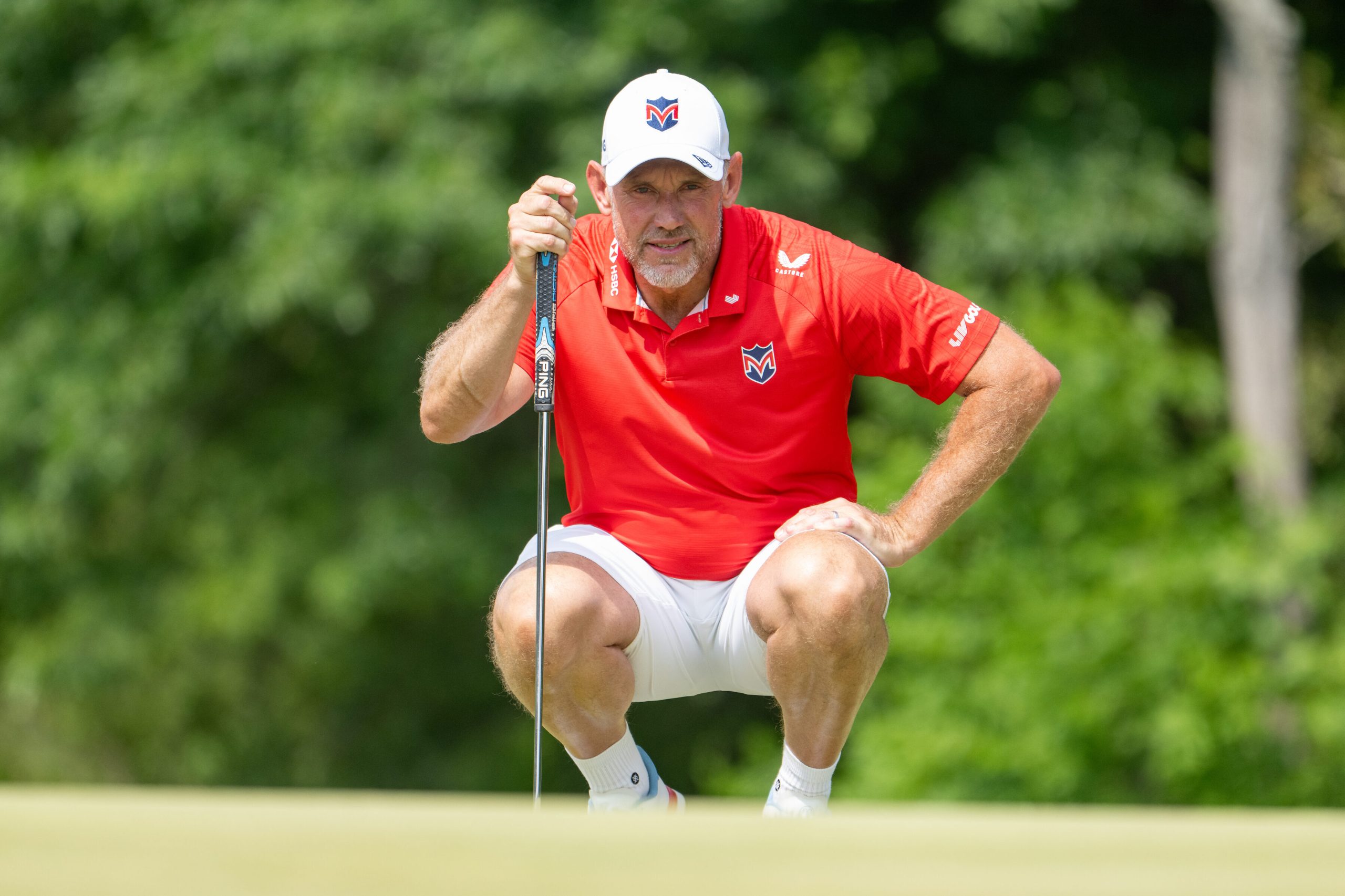 Co-Captain Lee Westwood of Majesticks Golf Club lines up his putt on the 14th green during the final round of LIV Golf Bedminster at Trump National Golf Club on Sunday, August 09, 2026 in Bedminster, New Jersey. (Photo by Charles Laberge/LIV Golf)