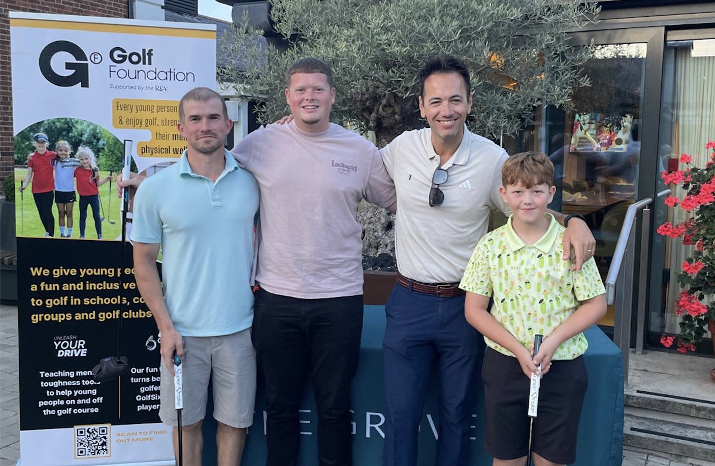 Golf Foundation President Nick Dougherty with the winners of the Unleash Your Drive finals, Gavin Moore, Dean Fair and Harrison Grainger