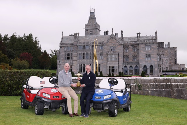 US Ryder Cup Captain Jim Furyk and European Captain Luke Donald with their respective team buggies during last week's Year to Go celebrations at Adare Manor in Ireland (Photo by Richard Heathcote/Getty Images)