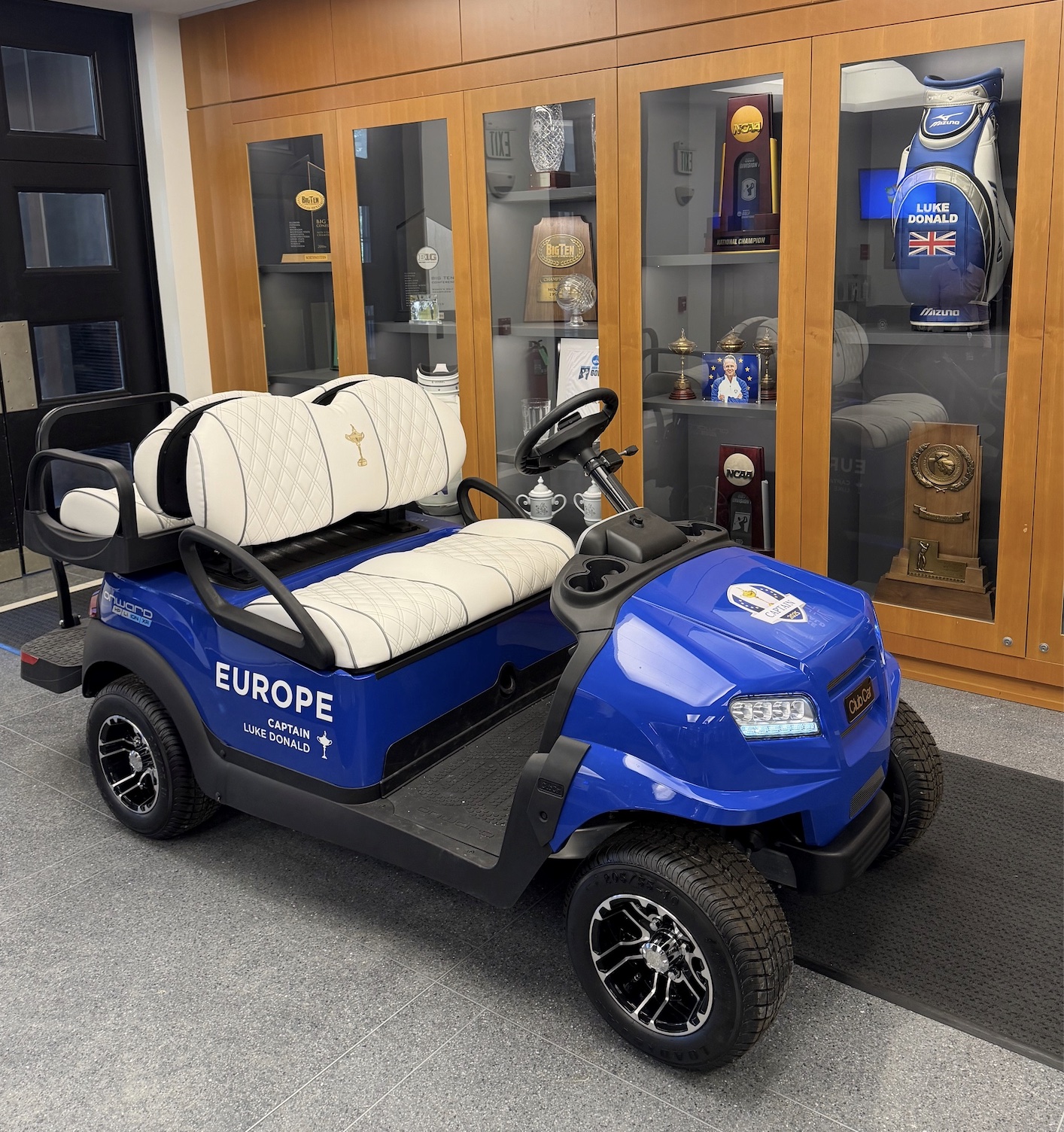 Luke Donald's 2025 Ryder Cup Club Car cart occupies pride of place in the entrance to the golf performance centre at the university he attended in Chicago